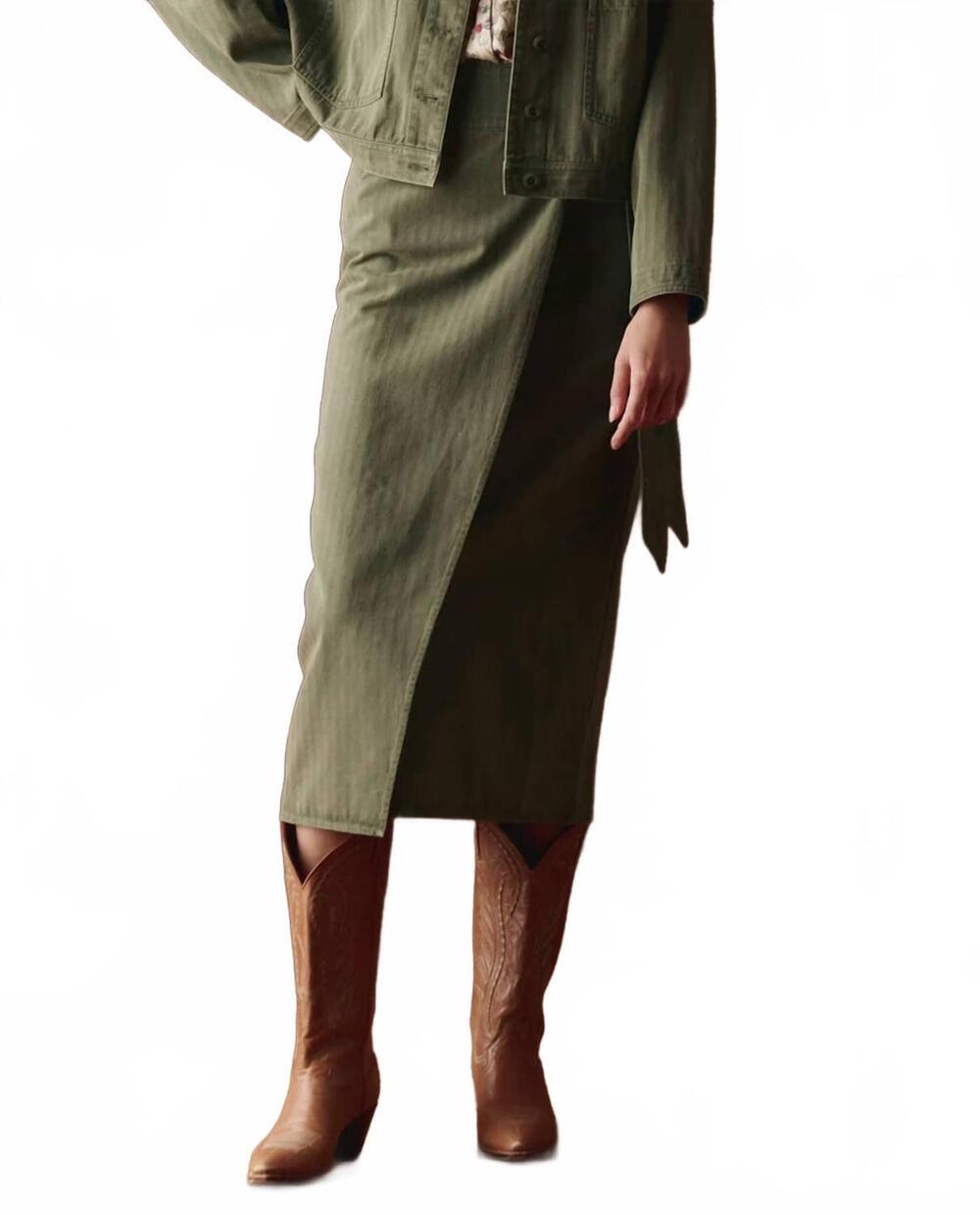NEW THE GREAT. wrap midi skirt in classic army